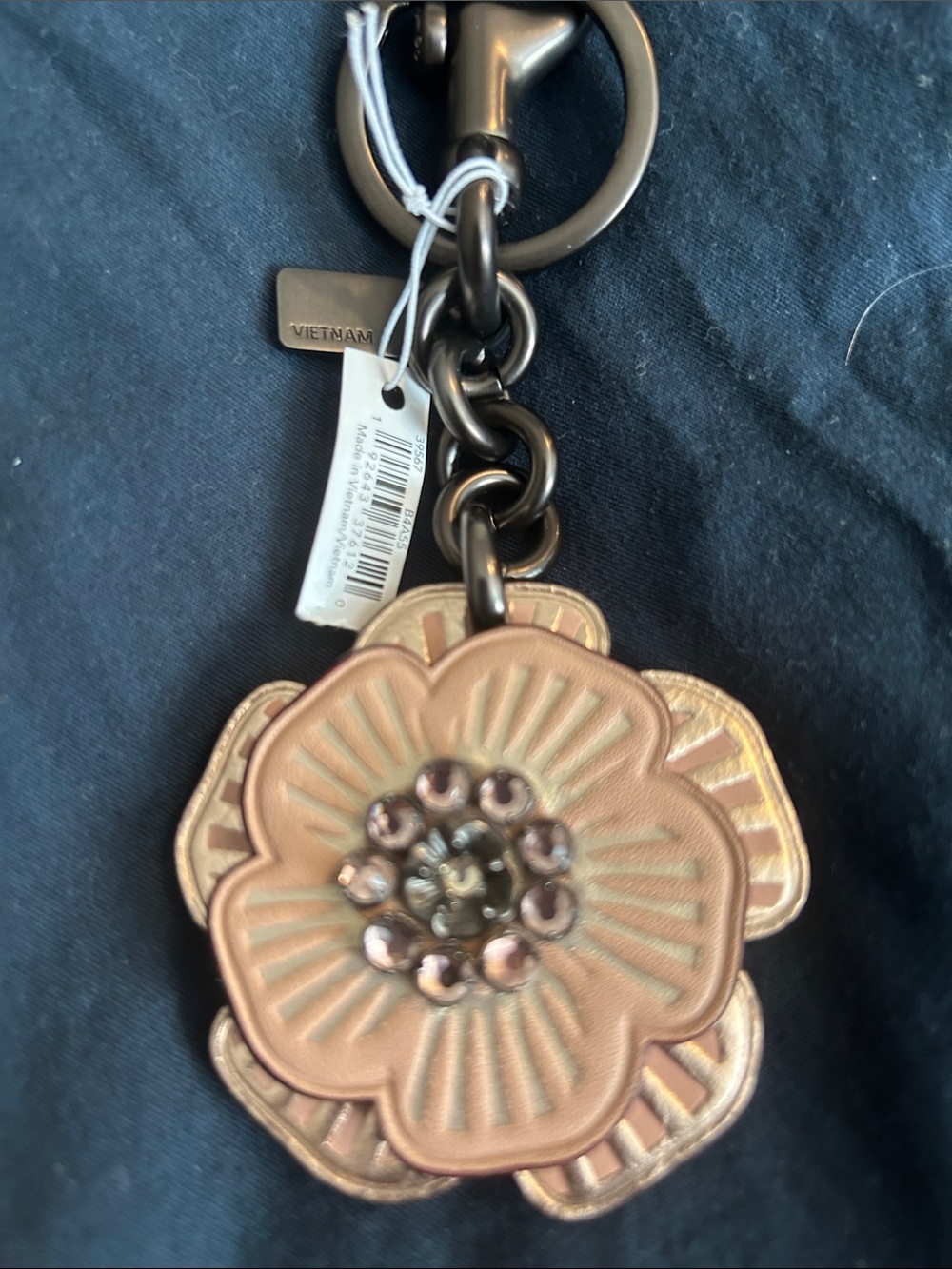 Coach Leather Flower Keychain Charm in Nude Taupe with Gunmetal Hardware
